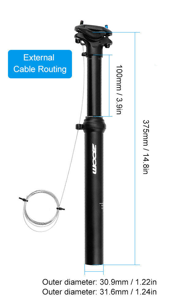 Zoom MTB Bicycle Suspension Dropper Seatpost 31.6mm 100mm Remote External Cable